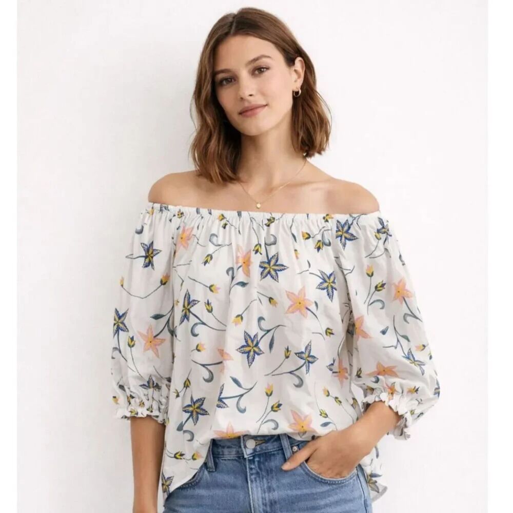 Cece White Blouse with Floral Design Puff Sleeves Size Large